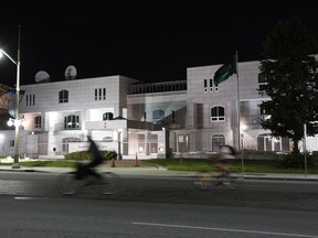 The Embassy of the Kingdom of Saudi Arabia is shown in Ottawa on Sunday, Aug. 5, 2018. Saudi Arabia says it is ordering Canada's ambassador to leave the country and freezing all new trade and investment transactions with Canada in a spat over human rights.