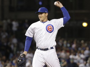 Chicago Cubs' Anthony Rizzo throws his first major league pitch in relief during the ninth inning of a game against the Arizona Diamondbacks on Monday, July 23, 2018.