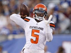 Cleveland Browns quarterback Tyrod Taylor (5) throws a pass during the first half of a preseason NFL football game against the New York Giants, Thursday, Aug. 9, 2018, in East Rutherford, N.J.