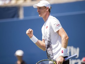 Kevin Anderson of South Africa celebrates on his way to defeating Grigor Dimitrov of Bulgaria during Rogers Cup quarterfinal tennis tournament action in Toronto on Friday August 10, 2018.