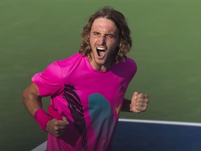 Stefanos Tsitsipas, of Greece, celebrates his win over Kevin Anderson, of South Africa, during Rogers Cup semifinal tennis tournament action in Toronto on Saturday, August 11, 2018.
