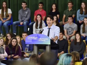 Prime Minister Justin Trudeau speaks to students at l'ecole secondaire catholique Cite des Jeunes in Kapuskasing, Ont. on Wednesday, Aug. 29, 2018.