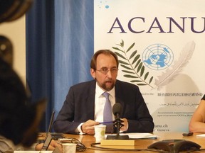 Jordan's Zeid Ra'ad al Hussein, UN High Commissioner for Human Rights speaks at ACANU at the European headquarters of the United Nations in Geneva, Switzerland, Wednesday, Aug. 29, 2018.