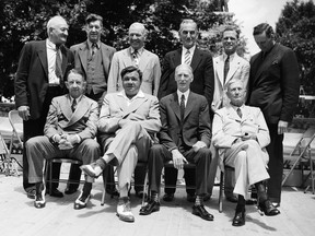 File - In this June 12, 1939 file photo, these baseball stars were pictured as they attended the dedication and their induction into the Baseball Hall of Fame in Cooperstown, N.Y. Front row; Eddie Collins, Babe Ruth, Connie Mack, Cy Young; Rear row left to right; Hans Wagner, Grover Cleveland Alexander, Tris Speaker, Napoleon Lajoie, George Sisler and Walter Johnson. A baseball with the signatures of Babe Ruth, Ty Cobb, Honus Wagner and eight other legends of the game has sold for more than $600,000. The players all signed the ball on the same day in 1939, when they had gathered to become the first class to enter the Baseball Hall of Fame. SCP Auctions said Monday, Aug. 13, 2018, that it has sold for just over $623,000. That crushes the previous record of $345,000 for a signed ball, set in 2013.