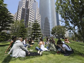 In this photo taken Wednesday, Aug. 15, 2018, employees from marketing company Linqia have a picnic lunch on the rooftop park of the new Transbay Transit Center in San Francisco. The new $2.2 billion center opened earlier this month.