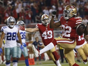 San Francisco 49ers wide receiver Richie James (82) celebrates after scoring a touchdown against the Dallas Cowboys during the second half of an NFL preseason football game in Santa Clara, Calif., Thursday, Aug. 9, 2018.