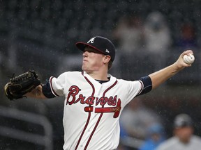 Atlanta Braves rookie pitcher Kolby Allard works in the first inning of the team's baseball game against the Miami Marlins on Tuesday, July 31, 2018, in Atlanta.