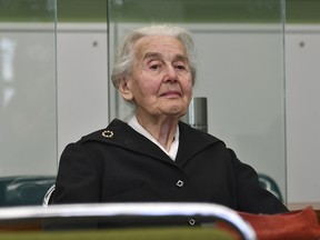 In this Oct. 16, 2017 photo Ursula Haverbeck arrives at the Tiergarten District Court in Berlin, Germany.