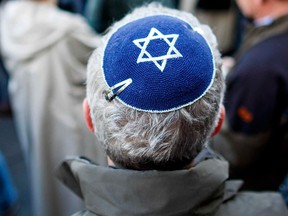 A man participates in a "wear a kippah" gathering in Berlin, Germany, to protest anti-Semitism, on April 25, 2018.
