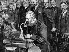 Alexander Graham Bell receiving the first-ever long distance call.
