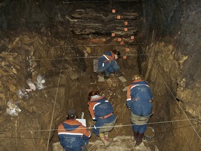 In this 2011 photo provided by Bence Viola of the University of Toronto, researchers excavate a cave for Denisovan fossils in the Altai Krai area of Russia.