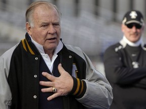 FILE - In this Dec. 28, 2009, file photo, former NFL player and Idaho All-American Jerry Kramer addresses the Idaho football team as Idaho coach Robb Akey, rear, listens before practice in Boise, Idaho. Kramer will be inducted into the Pro Football Hall of Fame on Saturday, Aug. 4, 2018, in Canton, Ohio.