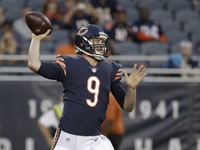 Chicago Bears quarterback Tyler Bray (9) throws during the first half of an NFL preseason football game against the Buffalo Bills in Chicago, Thursday, Aug. 30, 2018.
