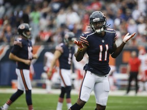 Chicago Bears' Kevin White celebrates his touchdown catch during the first half of a preseason NFL football game against the Kansas City Chiefs Saturday, Aug. 25, 2018, in Chicago.