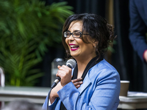 Liberal MP Iqra Khalid speaks at an anti-racism event in Toronto  in February 2018.