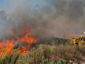 Israeli firefighters extinguish a blaze in a field near the town of Sderot, along the border with the Gaza Strip, on July 31, 2018. The fire was caused by inflammable material that was attached to a balloon or inflated condom and flown across the border by Palestinian protesters.