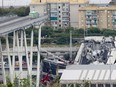 A large section of the bridge collapsed over an industrial area in the Italian city of Genova during a sudden and violent storm, leaving vehicles crushed in rubble below.