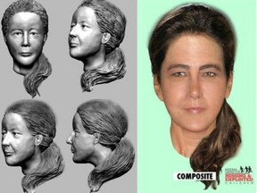 A three-dimensional plaster reconstruction of the face of "Lady in the Dunes," (left) and a composite sketch (right).