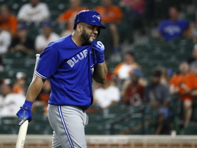 Kendrys Morales of the Toronto Blue Jays is the picture of frustration as he heads back to the dugout following an eighth-inning strikeout in Toronto's 7-0 loss to the Baltimore Orioles in MLB action at Campden Yards. The loss marked the end of Morales' consecutive home streak at seven games.