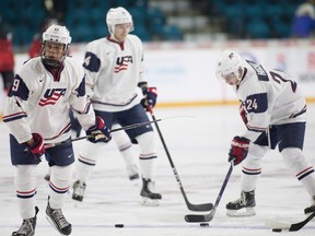 Team USA Jack Quinn, left, along with his brother Quinn Hughes,24 , take part in the during pre-game skate at the Sandman Centre in Kamloops, B.C. on Tuesday July 31, 2018. World Junior Showcase is an eight-day event featuring Canada, Finland, Sweden, and the United States, who will play 11 games.