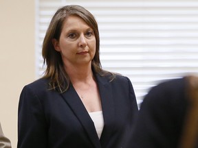 Betty Shelby leaves the courtroom following testimony in her trial in Tulsa, Okla., Friday, May 12, 2017.