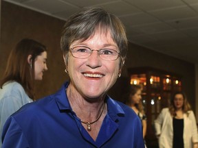 State Sen. Laura Kelly, D-Topeka arrives at her watch party in Topeka's Ramada Hotel and Convention Center Tuesday evening, Aug. 7, 2018, to await the results of her contest for her party's nomination in the race for governor. Kelly won the Democratic primary for governor Tuesday, Aug. 7, after stressing her Statehouse experience and fending off questions about her voting record.