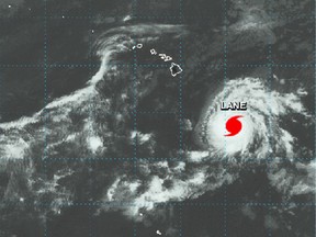 This NASA satellite imagery shows Hurricane Lane in the Central Pacific Ocean southeast of the Hawaiian Islands at 2:01 p.m. HST (21:01 GMT) Monday, Aug. 20, 2018. National Weather Service forecasters warn that the entire state of Hawaii needs to brace for a possible hurricane strike because of the uncertainty of Lane's path and its intensity. As of Monday, the storm is about 600 miles (966 kilometers) southeast of Hilo on the Big Island, or about 800 miles (1,287 kilometers) from the state's capital city of Honolulu. (NASA via AP)