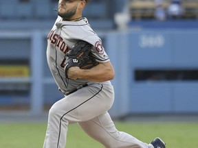 Houston Astros starting pitcher Lance McCullers Jr. throws against the Los Angeles Dodgers during the second inning of a baseball game Saturday, Aug. 4, 2018, in Los Angeles.