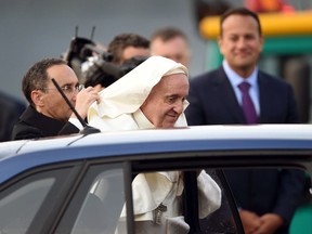 Pope Francis gets ready to leave from Dublin Airport back to the Vatican putting an end to his visit to Ireland, Sunday, Aug. 26, 2018.