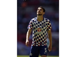 Chelsea's Jorginho during a warm up before the Community Shield soccer match between Chelsea and Manchester City at Wembley, London, Sunday, Aug. 5, 2018.