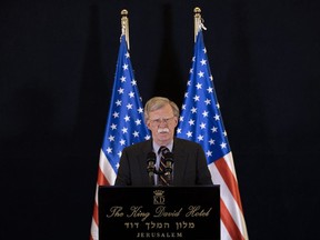 U.S. national security adviser John Bolton gives a media conference in Jerusalem, Israel, Wednesday Aug. 22, 2018. Bolton has conducted high level diplomatic meetings during his visit to Israel.