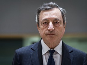 FILE - In this Thursday, May 24, 2018 file photo, President of the European Central Bank Mario Draghi arrives for an eurogroup meeting at the Europa building in Brussels. A German news media report has stirred new speculation about who will succeed Mario Draghi as head of the European Central Bank, one of the globe's most powerful economic policy jobs. The Handelsblatt business publication citing government sources reported Thursday, Aug. 23, 2018 that Chancellor Angela Merkel is willing to drop plans to push for Jens Weidmann, the head of Germany's national central bank, the Bundesbank.