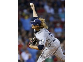 Tampa Bay Rays' Ryne Stanek pitches during the first inning of a baseball game against the Boston Red Sox in Boston, Friday, Aug. 17, 2018.