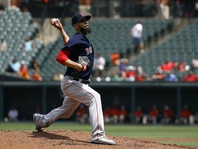 Boston Red Sox starting pitcher David Price throws to the Baltimore Orioles in the first inning of the first baseball game of a doubleheader, Saturday, Aug. 11, 2018, in Baltimore.