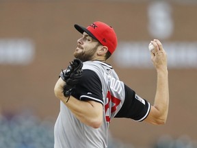 Chicago White Sox starting pitcher Lucas Giolito throws during the first inning of a baseball game against the Detroit Tigers, Saturday, Aug. 25, 2018, in Detroit.