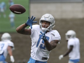 Detroit Lions receiver Kenny Golladay catches during NFL football practice, Wednesday, Aug. 1, 2018, in Allen Park, Mich.