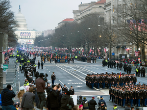 U.S. military units participate in a parade during Donald Trump's inauguration in Washington, Jan. 20, 2017.