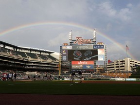 A rainbow is shown over Comerica Park before a baseball game between the Detroit Tigers and Chicago Cubs in Detroit, Tuesday, Aug. 21, 2018.