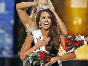 Miss North Dakota Cara Mund reacts after being named Miss America in Atlantic City, N.J., Sept. 10, 2017.
