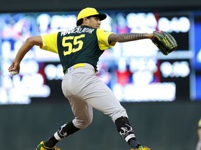 Oakland Athletics' pitcher Sean Manaea throws to the Minnesota Twins in the first inning during a baseball game Friday, Aug. 24, 2018, in Minneapolis.