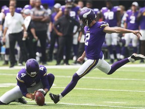 Minnesota Vikings kicker Kai Forbath (2) kicks a 44-yard field goal during the first half of an NFL preseason football game against the Jacksonville Jaguars, Saturday, Aug. 18, 2018, in Minneapolis.