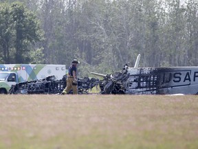 A vintage military airplane crashed and exploded Thursday, Aug. 23, 2018, at the Anoka County Airport in Blaine, Minn. Blaine Police Chief Brian Podany told reporters the pilot suffered serious injuries but is expected to recover. He was taken to a hospital. The pilot's name was not immediately released, but Podany says he's a 65-year-old from Ham Lake with more than 20 years of experience.