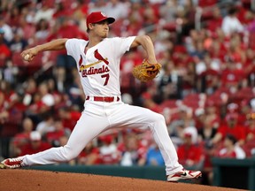 St. Louis Cardinals starting pitcher Luke Weaver throws during the first inning of the team's baseball game against the Colorado Rockies on Wednesday, Aug. 1, 2018, in St. Louis.