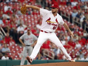 St. Louis Cardinals starting pitcher Austin Gomber throws during the first inning of the team's baseball game against the Washington Nationals on Wednesday, Aug. 15, 2018, in St. Louis.