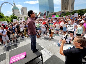 In this June 30, 2018, photo, Wesley Bell, a candidate for St. Louis County Prosecuting Attorney, addresses the crowd during a protest about the Trump Administration's policy of family separation and detention at Kiener Plaza in downtown St. Louis. St. Louis County Prosecuting Attorney Bob McCulloch is facing Ferguson City Councilman Bell, a 43-year-old former prosecutor and judge.