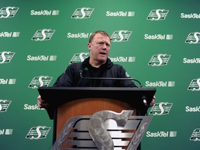 Saskatchewan Roughriders general manager and head coach Chris Jones speaks with the media following the team's announcement that wide receiver Duron Carter has been released at a press conference in Regina, Saturday, August 12, 2018.