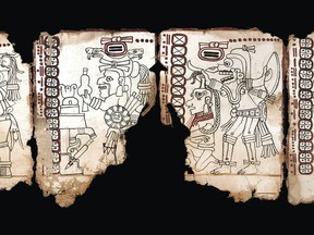 This undated photo released by Mexico's National Anthropology and History Institute (INAH) shows an ancient Maya pictographic text that has been judged authentic by scholars in Mexico City. The INAH says it was made between 1021 and 1154 A.D., is the oldest known pre-Hispanic text, and will now be known as the "Mexico Maya Codex," after known as the "Grolier Codex."