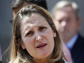 Canada's Foreign Affairs Minister Chrystia Freeland speaks to the media during a break in trade talk negotiations at the Office of the United States Trade Representative, Thursday, Aug. 30, 2018, in Washington.