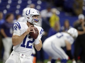 Indianapolis Colts quarterback Andrew Luck warms up before an NFL preseason football game against the Baltimore Ravens in Indianapolis, Monday, Aug. 20, 2018.