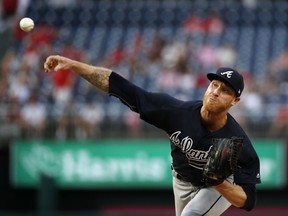 Atlanta Braves starting pitcher Mike Foltynewicz throws during the first inning of the team's baseball game against the Washington Nationals at Nationals Park, Wednesday, Aug. 8, 2018, in Washington.